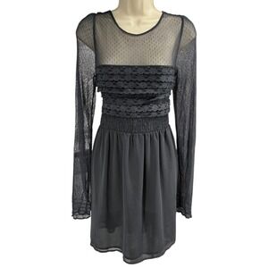 Free People Gray Lace Mesh Long Sleeve Mini Dress Size 8 Sheer Boho Gothic